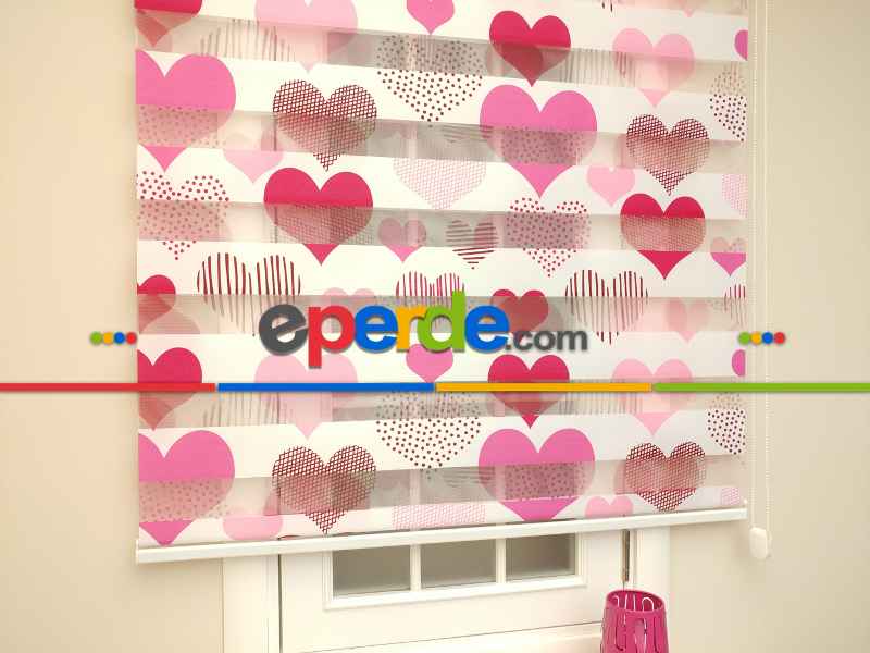 Zebra Perde- Kalp Baskılı Zebra Perde- Pembe