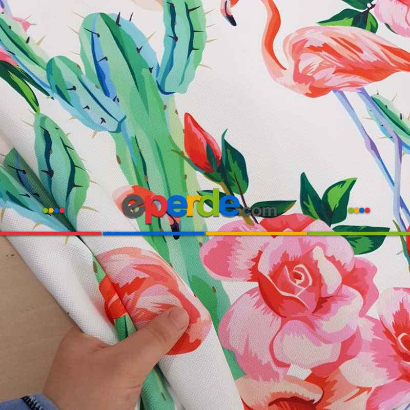 Tropikal Desenli Fon Perde Evm321 -t - Kumaşı Kalındır Duck Bezi Değildir.- Yeşil-Beyaz-Pembe-Çok Renkli