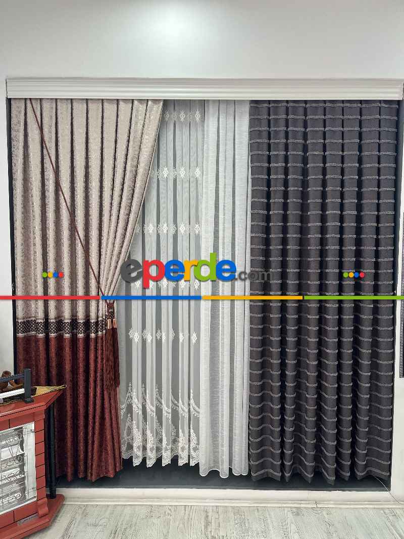 Oturma Odası - Padişah Desenli Keten Fon Perde - Koyu Bej