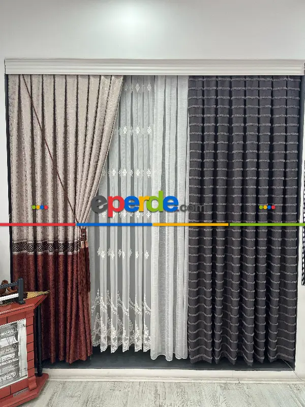 Yatak Odası - Padişah Desenli Keten Fon Perde - Koyu Bej