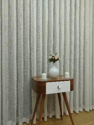 Geometrik Desenli Tül Perde Etek Katlamalı- Ekru