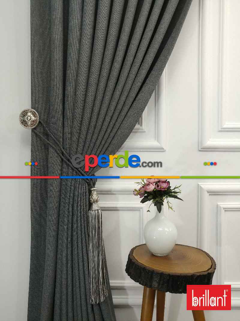 Brillant Keten Gri Renk Düz Fon Perde - Gri-füme-antrasit