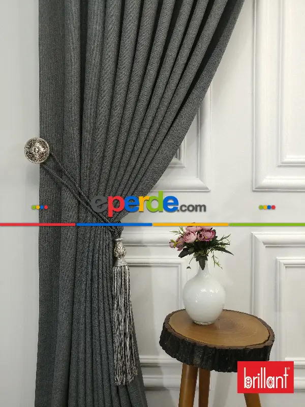 Yatak Odası - Brillant Keten Gri Renk Düz Fon Perde - Gri-füme-antrasit