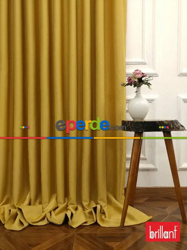 Yatak Odası - Brillant Karartma Blackout Hardal Sarı Renk Fon Perde- Hardal Sarısı