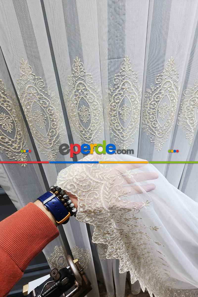 Tül Perde Hafif Keten - Desenli Tül - Avangart Nakışlı Tül Perde - Damask Desenli - Gold/altın