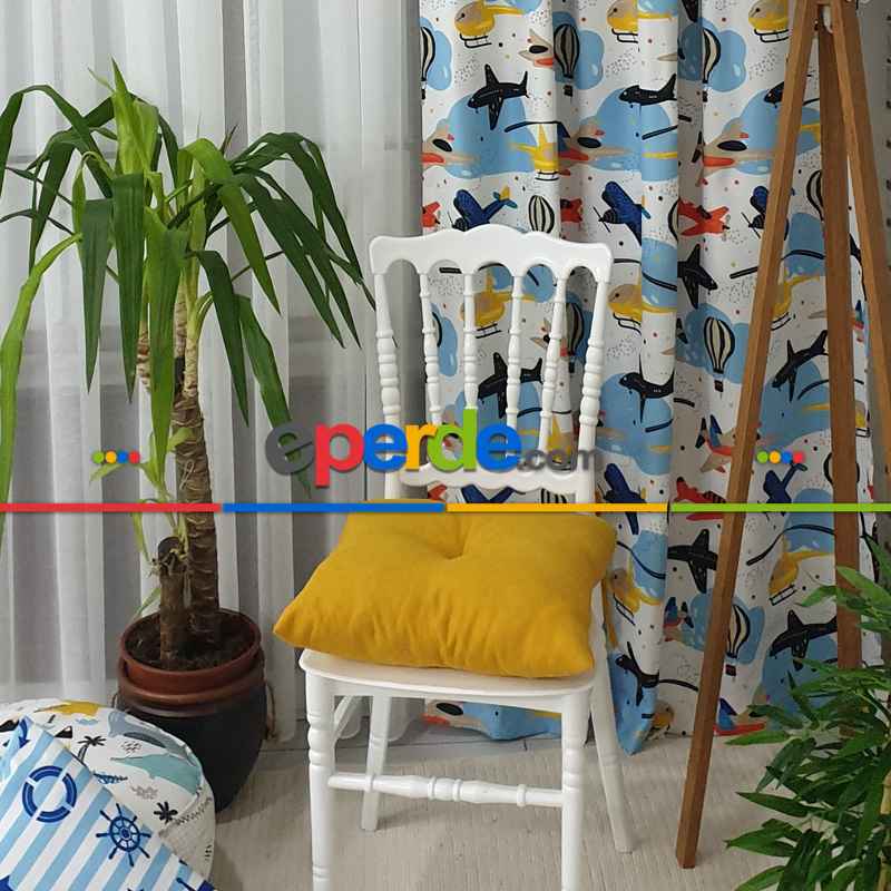 Uçak Helikopter Desenli Fon Perde Evm801 Kumaşı Kalındır Duck Bezi Değildir- Siyah-Sarı-Beyaz