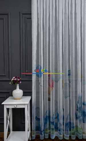 Hazır Ölçülü Petek Zemin Turuncu Ve Mavi Renkli Balon Ve Manzara Desenli Grek Baskılı Tül Perde