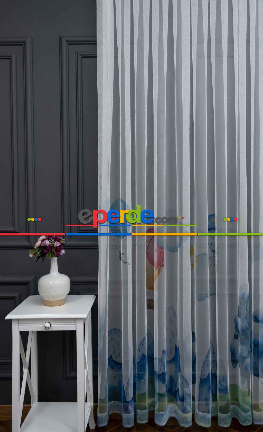 Hazır Ölçülü Petek Zemin Turuncu Ve Mavi Renkli Balon Ve Manzara Desenli Grek Baskılı Tül Perde