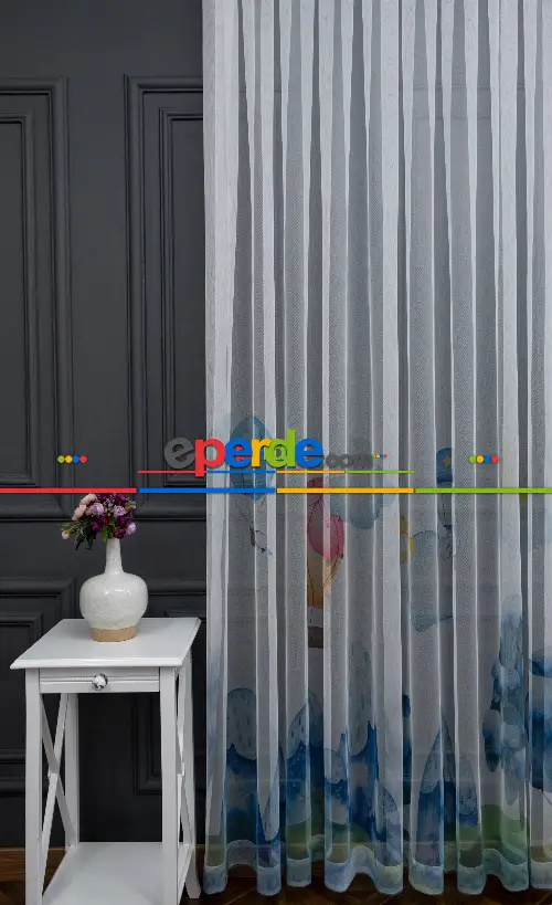 Hazır Ölçülü Petek Zemin Turuncu Ve Mavi Renkli Balon Ve Manzara Desenli Grek Baskılı Tül Perde 190cm X 255cm 