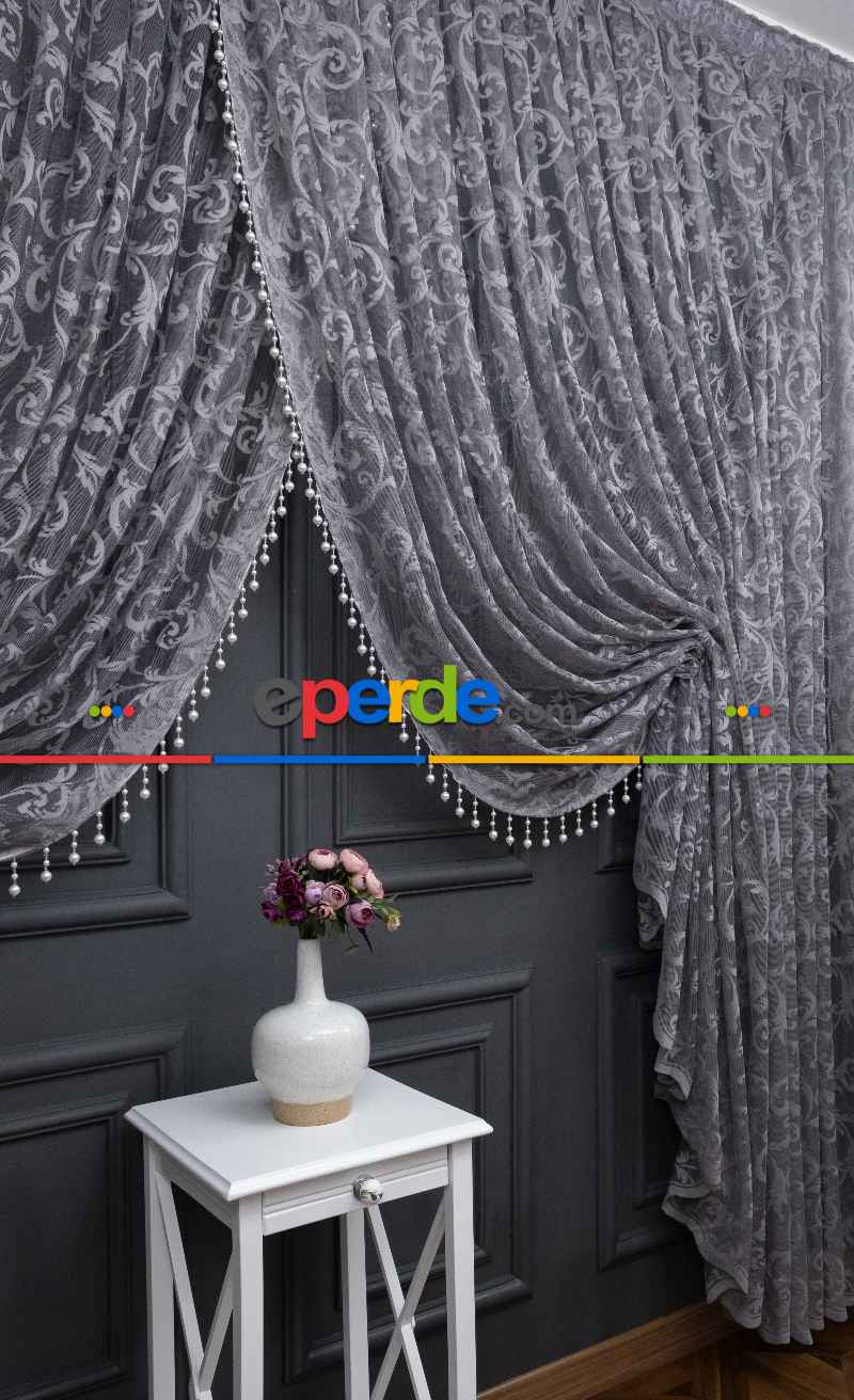 Gri Sarmaşık Desen Tül Kruvaze Şal Tül Perde Yanki Tül - Düz Model Sipariş Seçeneği - Yatak Odası Tül