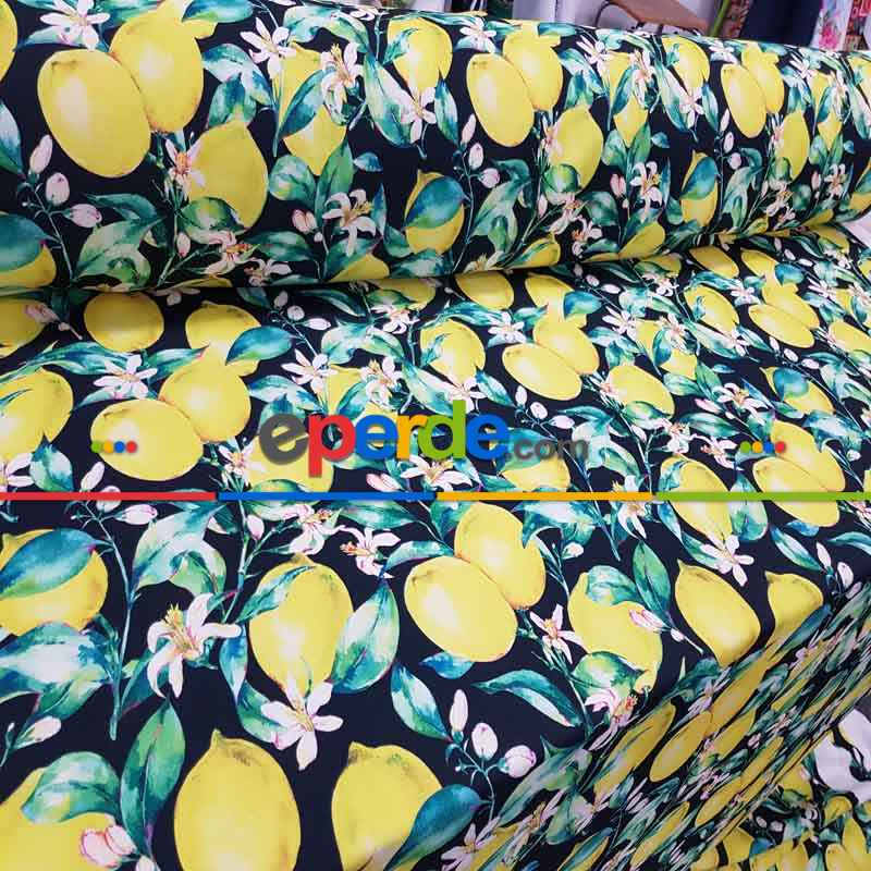 Limon Desenli Fon Perde - Kumaşı Kalındır Duck Bezi Değildir- Siyah-Sarı