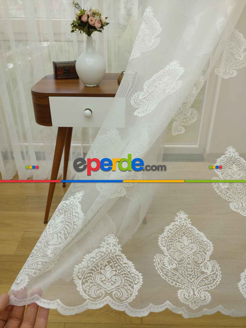 Serpme Damask Desenli Özel Örme Dokulu Tül Perde - Ekru