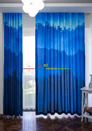 Hazır Ölçülü Dökümlü Kumaştan Mavi Dağ Manzaralı Baskılı Pilesiz Fon Perde 1. Kalite