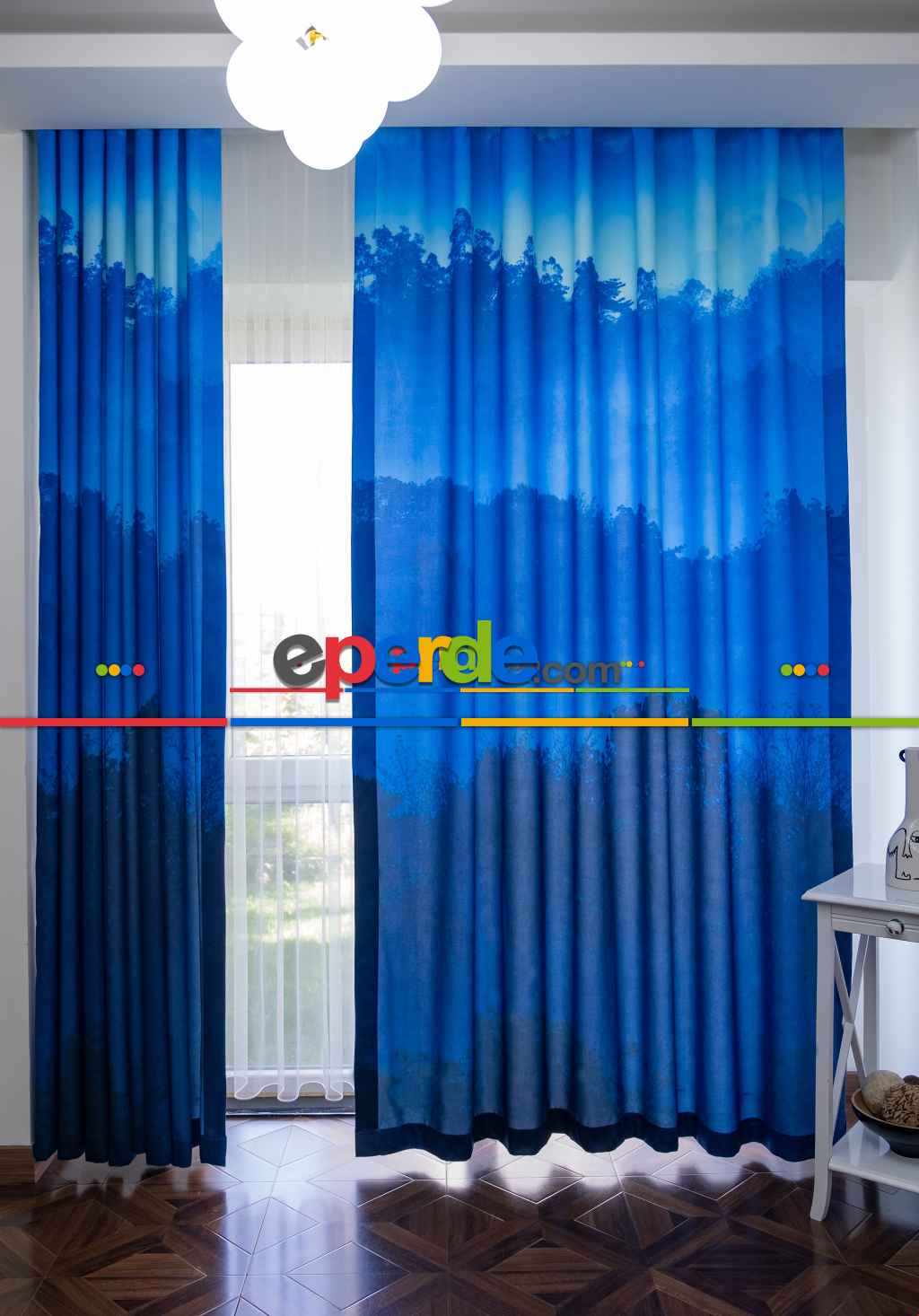 Hazır Ölçülü Dökümlü Kumaştan Mavi Dağ Manzaralı Baskılı Pilesiz Fon Perde 1. Kalite