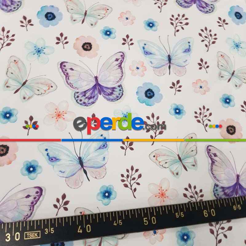 Kelebek Ve Çiçek Desenli Fon Perde Evm815 Kumaşı Kalındır Duck Bezi Değildir- Beyaz