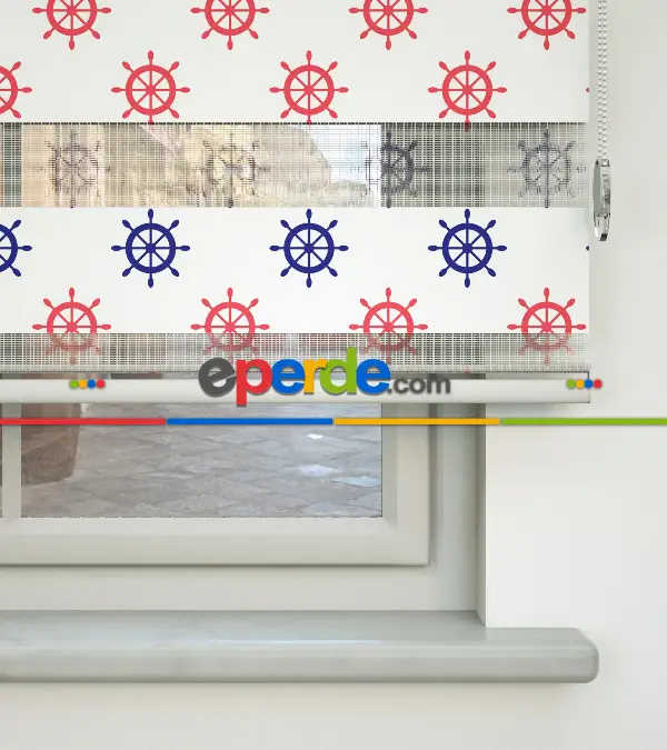 Dümen Baskılı Zebra Perde- Mavi-kırmızı-beyaz