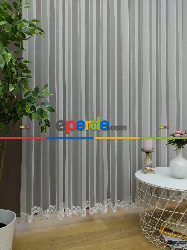 Ekru Tül Perde Etek Ucu Nakış İşlemeli Grek Düz Zemin- Ekru