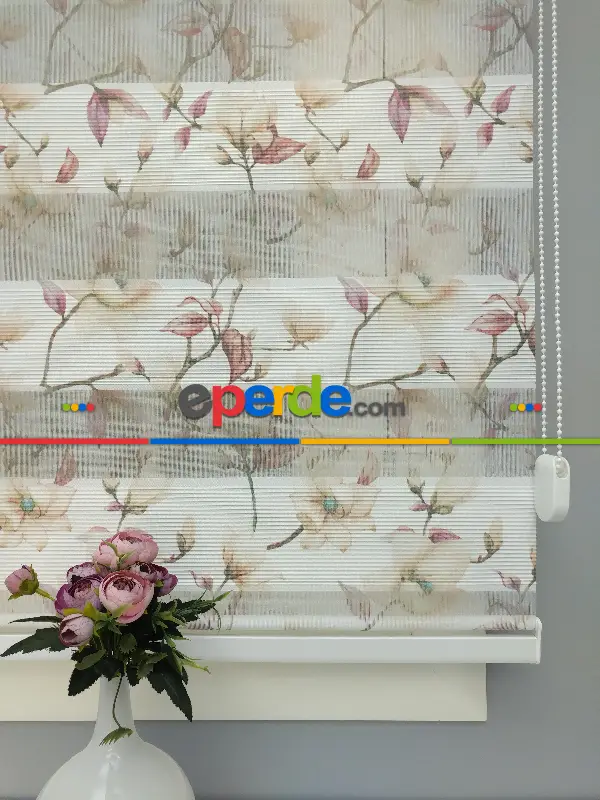 Salon Zebra Perde - 2021 Sezonu - Zebra Perde - Dijital Baskılı Çiçek Desenli Zebra Perde- Bej