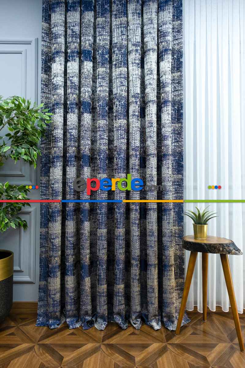 Jakar Desenli Fon Perde- Lacivert-bej