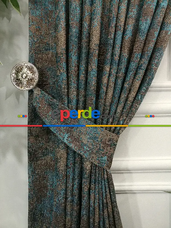 Jakar Desenli Fon Perde- Turkuaz Kahve