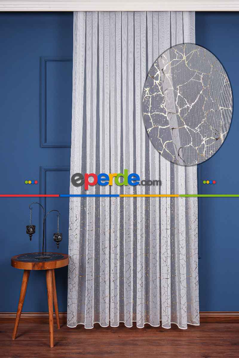 Salon Tül - Granit Dijital Baskılı Tül Perde Ekru-gold