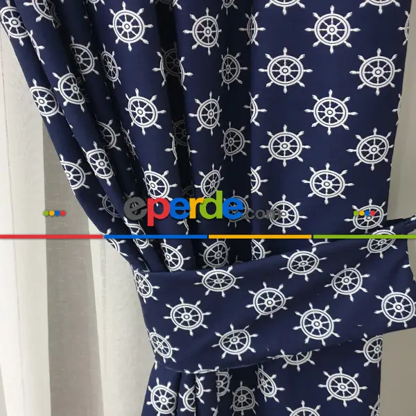 Bebek Odası - Marin Serisi Dümen Desenli Fon Perde Evm1512-6 Kumaşı Kalındır Duck Bezi Değildir- Lacivert