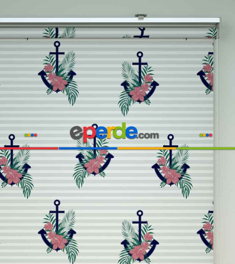 Çapa Desenli Baskılı Stor Perde- Çok Renkli