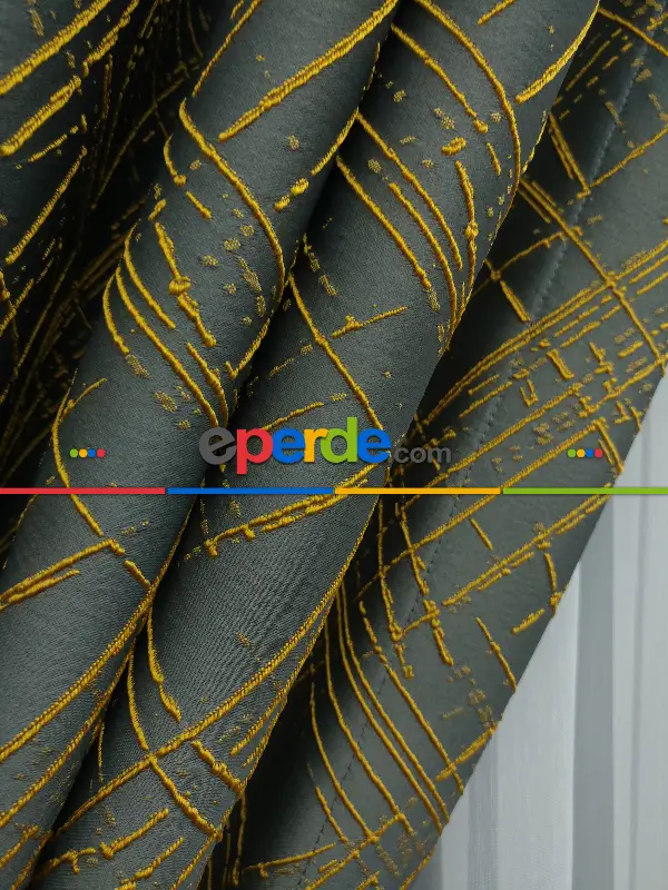 Jakar Desenli Fon Perde- Füme-hardal Sarısı