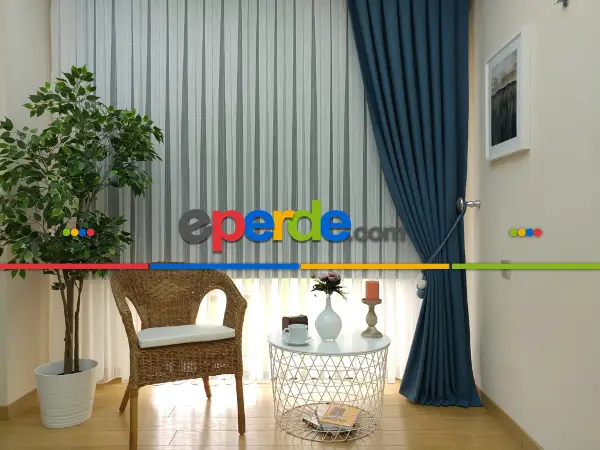 Yatak Odası - Keten Mavi Renk Düz Fon Perde - Mavi