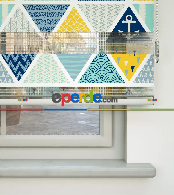 Bebek Odası Zebra Perde - Çapa Desen Baskılı Zebra Perde- Mavi-Sarı-Beyaz-Su Yeşili