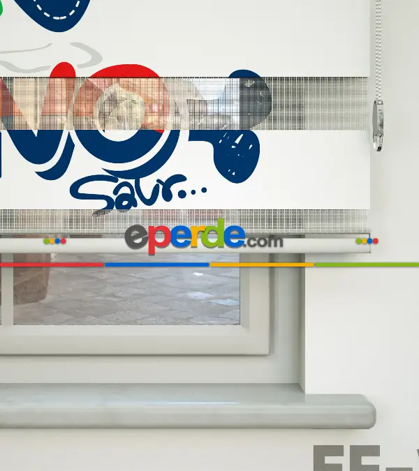 Dinazor Desenli Özel Baskılı Zebra Perde- Çok Renkli