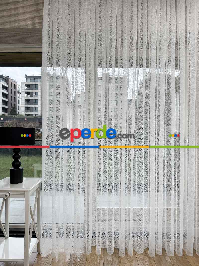 Salon - Desenli Fransız Dantel Örme Tül Perde, Desenli Ütü İstemeyen Tül