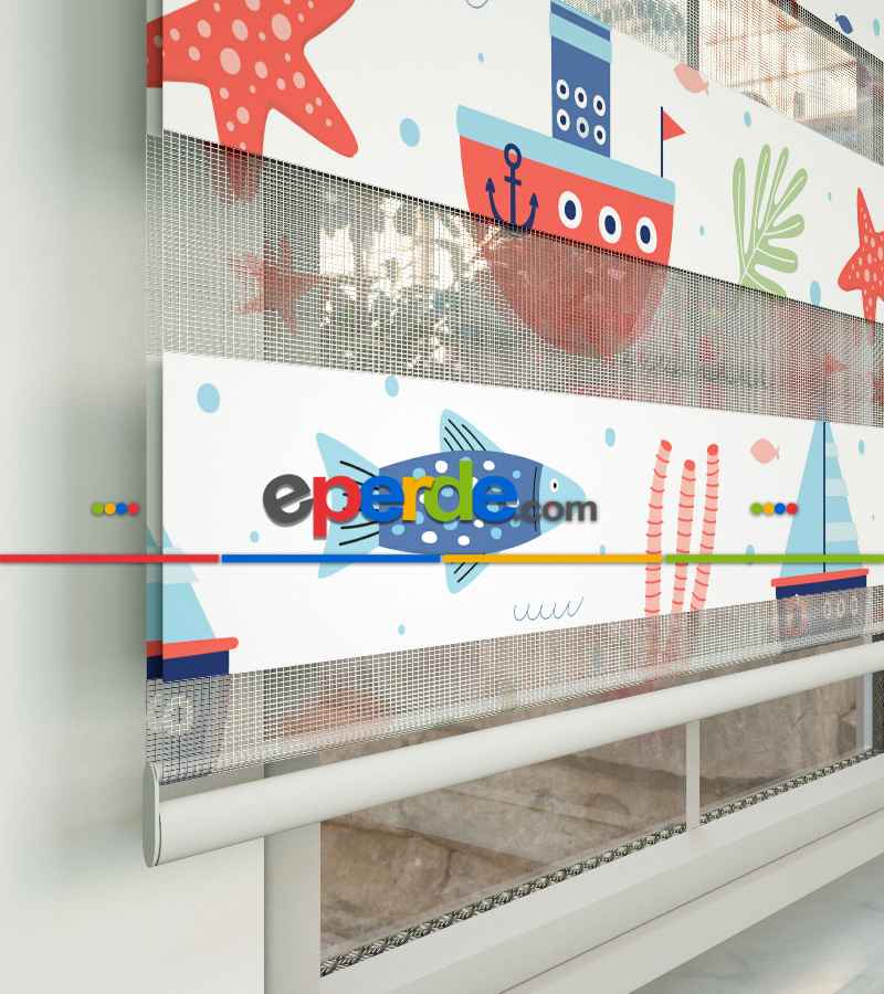 Denizci Temalı Desenli Baskılı Zebra Perde- Çok Renkli