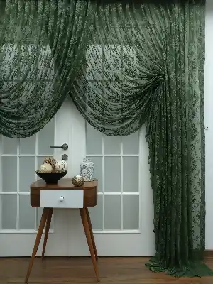 Koyu Yeşil - Damask Desenli Kruvaze Perde- Yeşil Koyu Yeşil