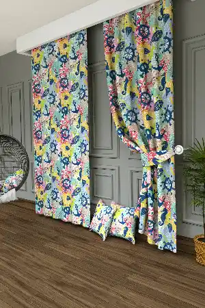 Dökümlü Kumaştan Kurukafa Ve Çapa Baskılı Fon Perde- Mavi-kırmızı-sarı-mint