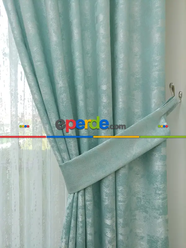 Patine Desenli Su Yeşil - Katyonik Jakar Fon Perde- Su Yeşili