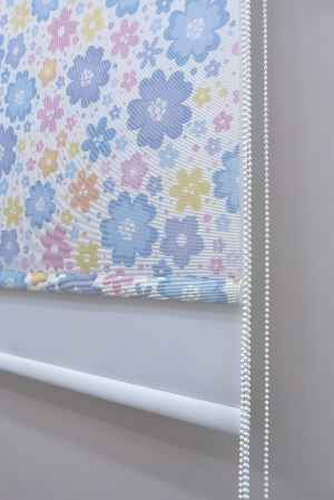 Çiçek Desenli Çiftli Sistem Stor Perde- Mavi-Pembe