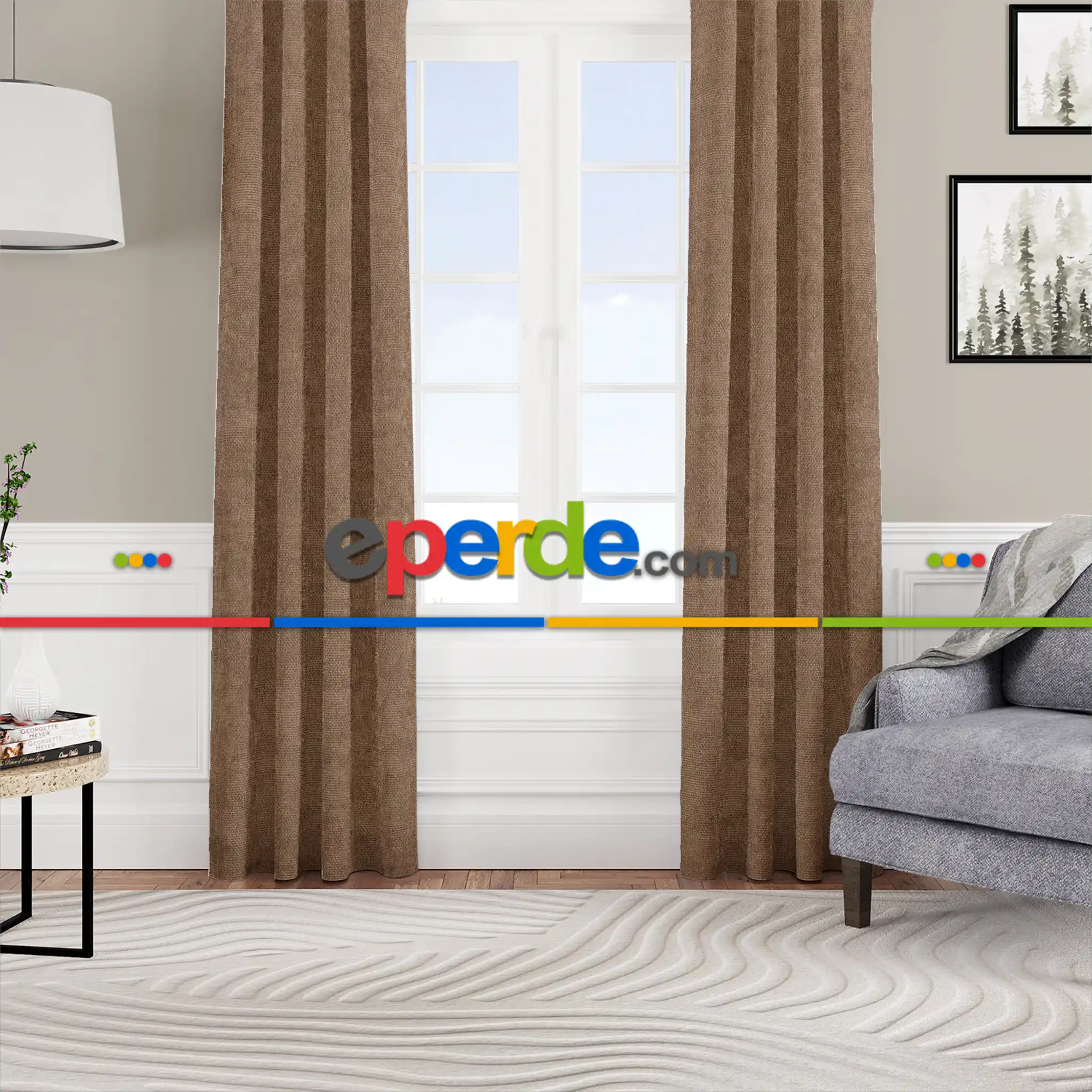 Kadife Dokulu Fon Perde Pilesiz Tek Kanat Camel