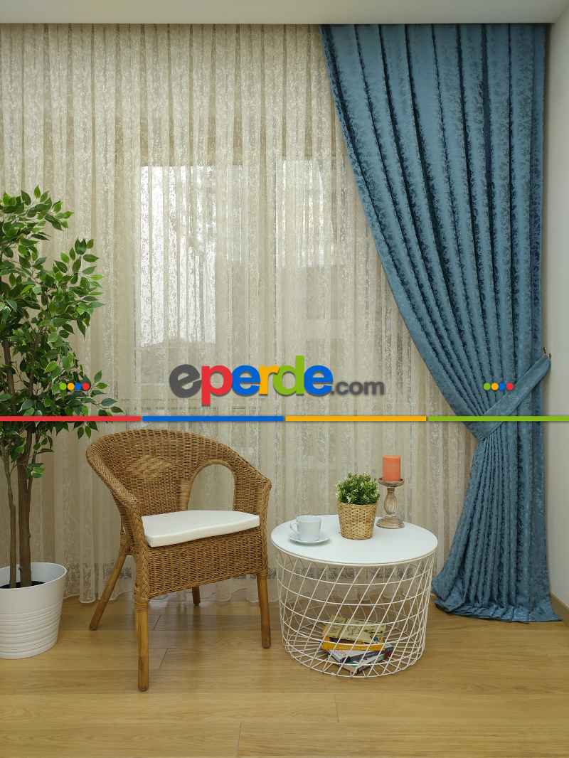 İndiğo Rengi Kendinden Desenli Jakar Fon Perde (285 En)- Mavi Koyu