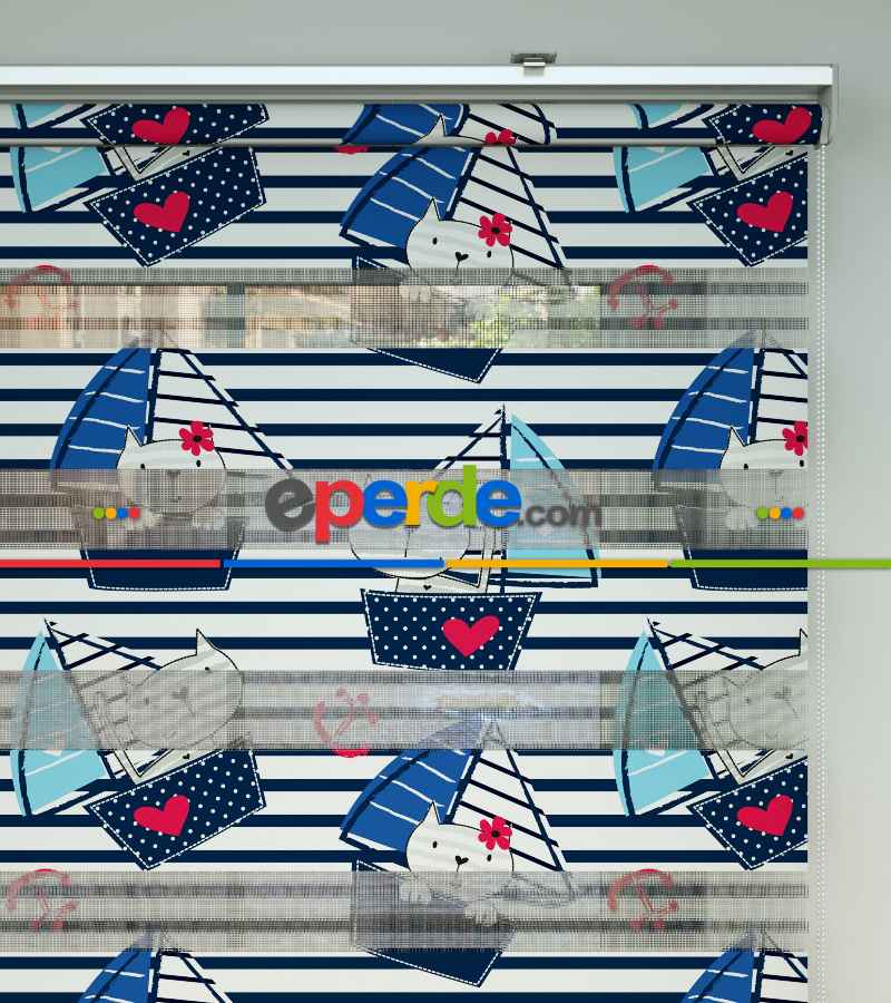 Bebek Odası Zebra -  Denizci Desenli Baskılı Zebra Perde- Çok Renkli