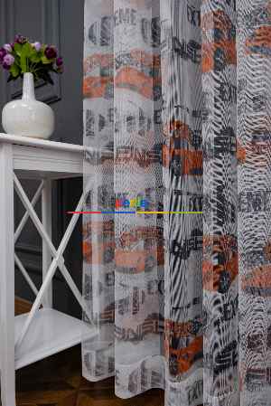 Hazır Ölçülü Petek Zemin Kırmızı Renkli Araba Desenli Grek Baskılı Tül Perde