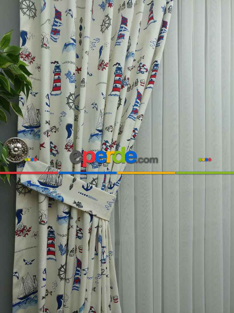 Denizci Desenli Çocuk Odası Fon Perde ( Leke Tutmaz )- Çok Renkli 3