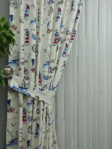 Erkek Çocuk ve Bebek Odası Fon Perde - Çapa - Denizci Desenli Fon Perde - Lacivert Kırmızı Mavi