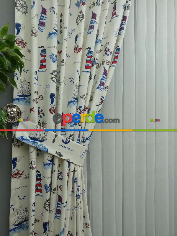 Denizci Desenli Çocuk Odası Fon Perde ( Leke Tutmaz )-  Çok Renkli 3