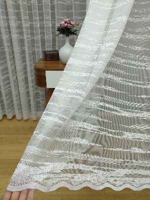 Enine Çizgili Etek Ucu Desenli Tül Perde- Ekru