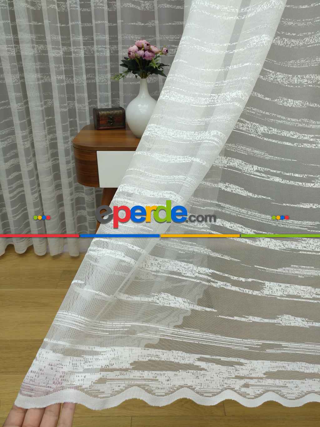 Enine Çizgili Etek Ucu Desenli Tül Perde- Ekru