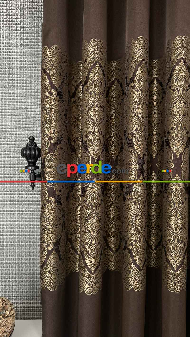 Kahverengi Altın Fon Perde, Damask Desenli
