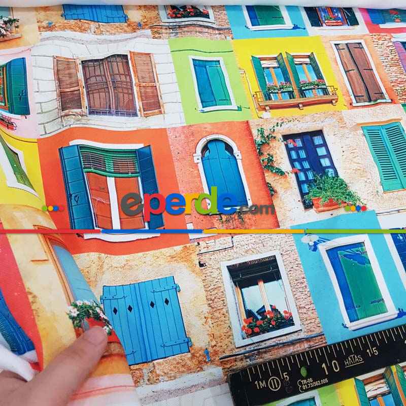 Renkli Pencereli Desenli Fon Perde Evm1068 Kumaşı Kalındır Duck Bezi Değildir- Mavi-Sarı-Kırmızı Açık