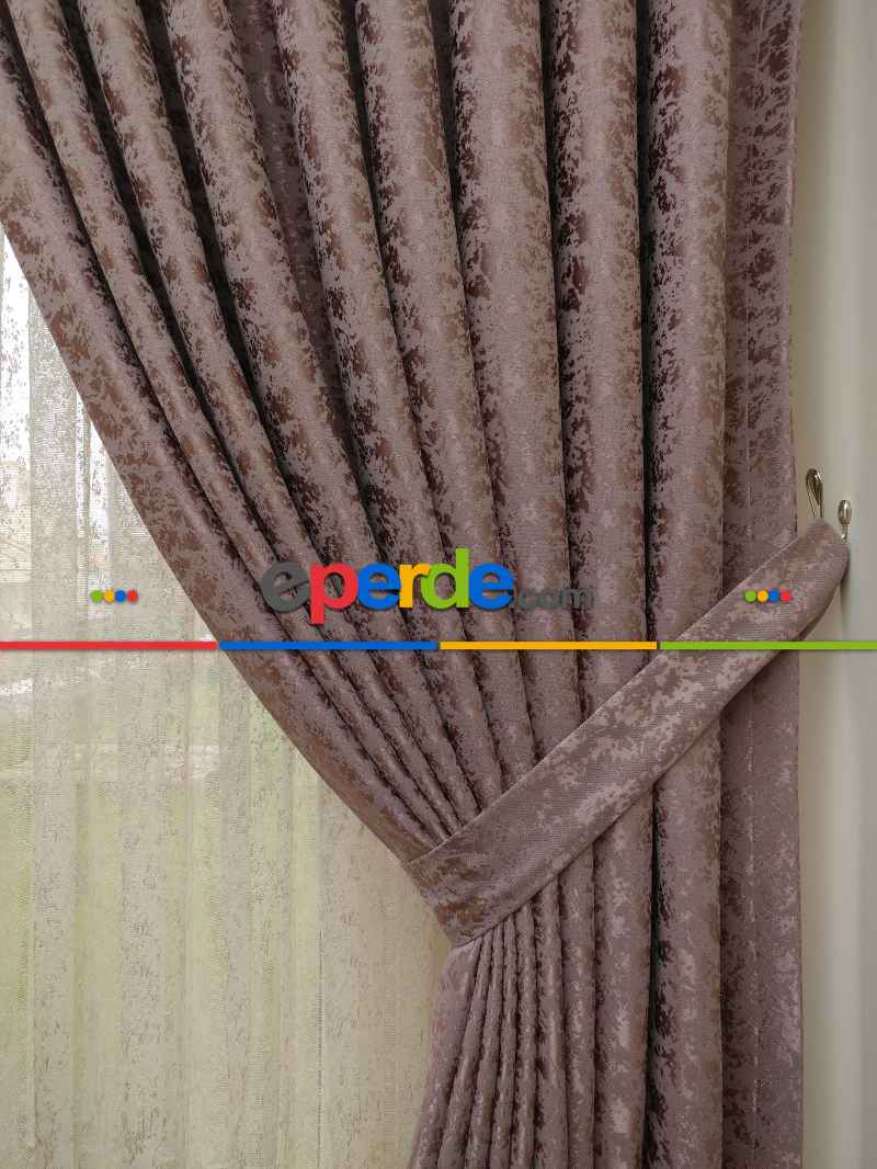 Koyu Pudra Rengi Kendinden Desenli Jakar Fon Perde (285 En)- Somon Hafif