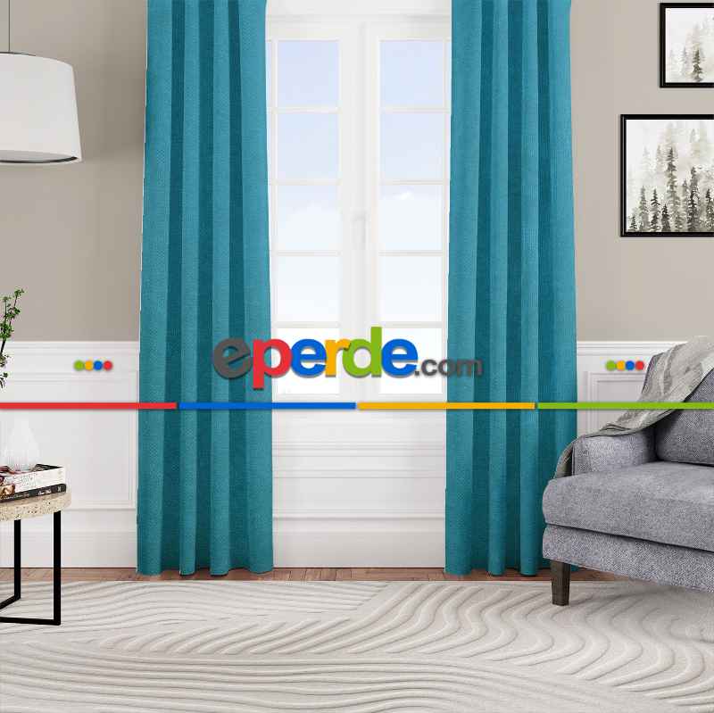 Kadife Dokulu Fon Perde Pilesiz Tek Kanat Mavi